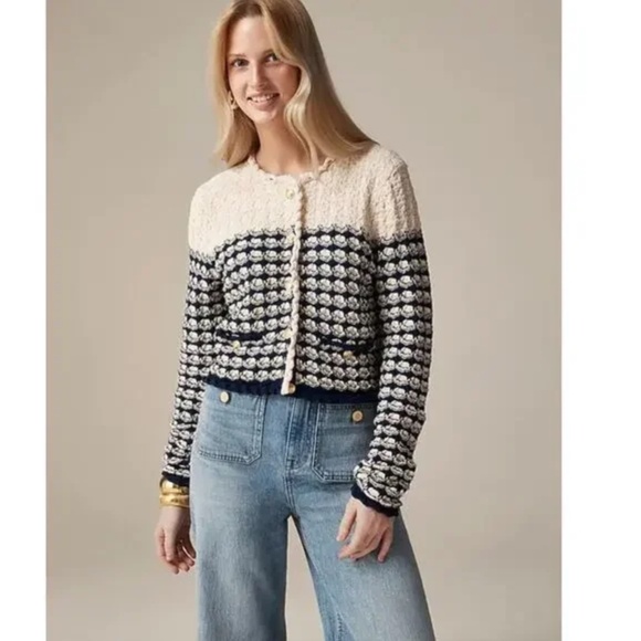J. Crew Textured Crochet Lady Jacket, Navy Cream, Size Large - Picture 1 of 11